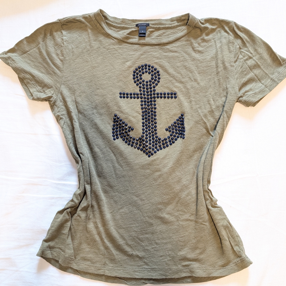 J.Crew Olive Green Anchor Embellished T-shirt Size S